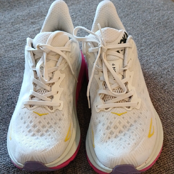 Hoka Women's White and Yellow Athletic Shoes with Pink Soles - Picture 2 of 15